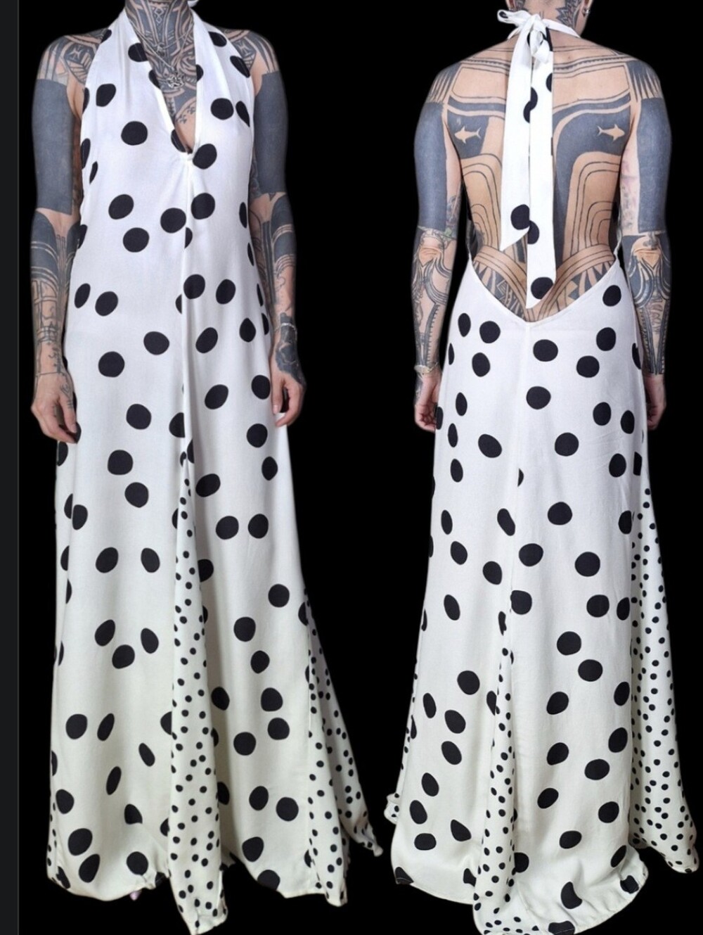 Susmie's Maria Dress in White & Black M Polka Dot Halter Backless Maxi Whimsical
